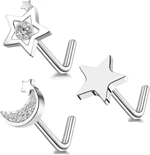 3PCS Nose Ring Studs 316L Nose Rings Stud L Shape Nose Rings Nose Studs Piercing Jewelry for Women Men