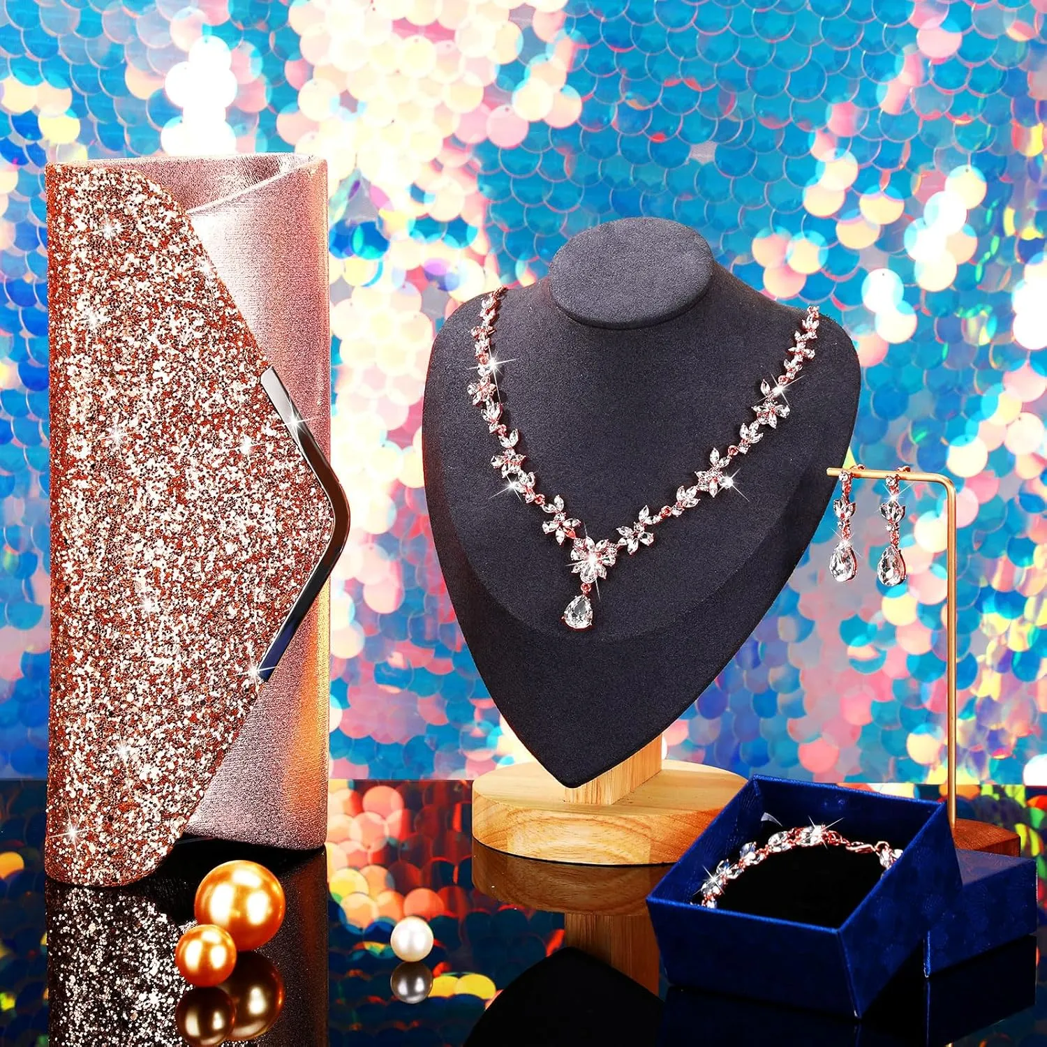 4 Pcs Women Rhinestone Jewelry Set Floral Wave Teardrop Crystal Wedding Necklace Earrings Floral Cluster Wave Bracelet Glitter Envelope Evening Bag Handbag Party Bridal Purse