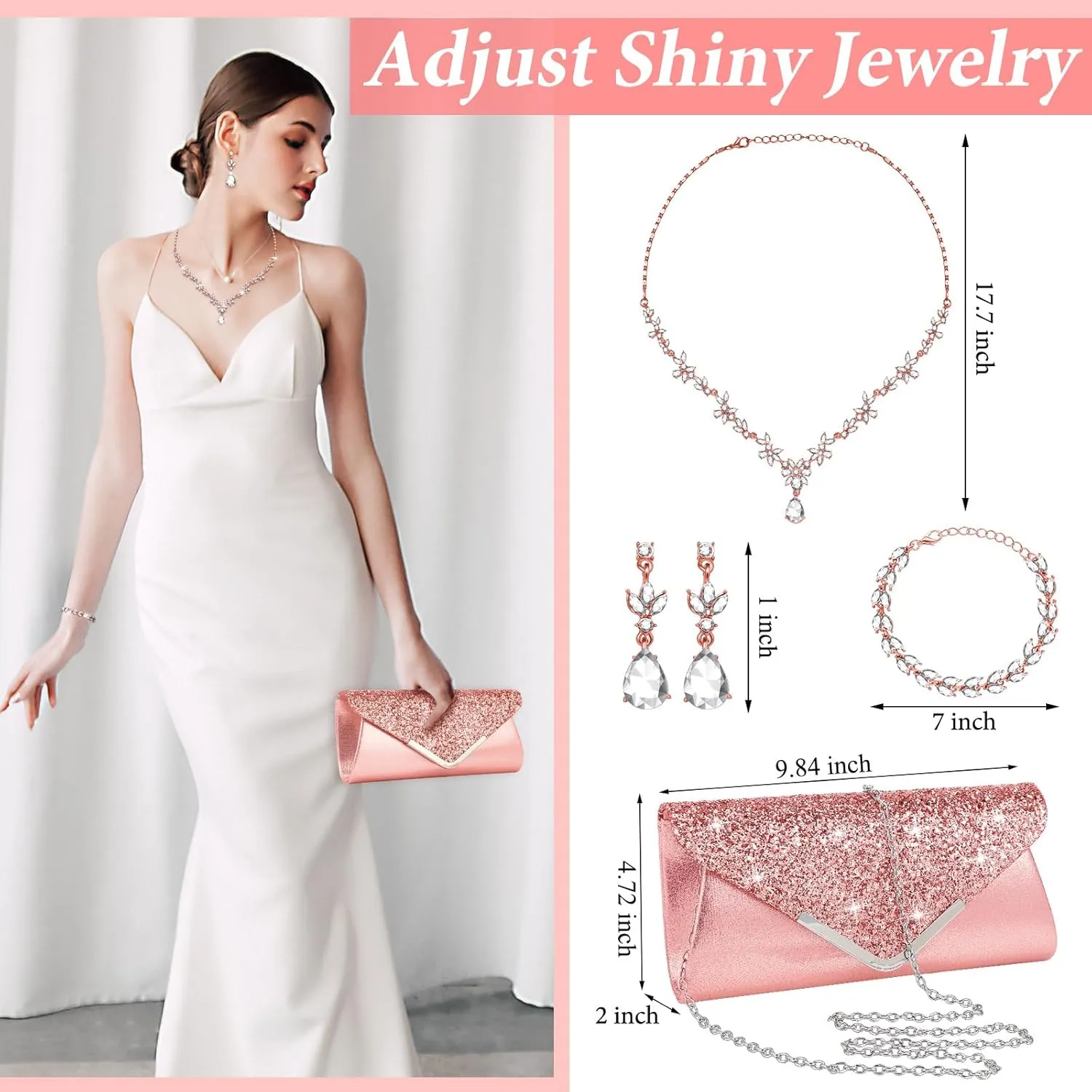 4 Pcs Women Rhinestone Jewelry Set Floral Wave Teardrop Crystal Wedding Necklace Earrings Floral Cluster Wave Bracelet Glitter Envelope Evening Bag Handbag Party Bridal Purse