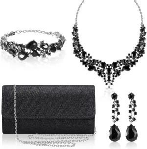 4 Pcs Women Rhinestone Jewelry Set Floral Wave Teardrop Crystal Wedding Necklace Earrings Floral Cluster Wave Bracelet Glitter Envelope Evening Bag Handbag Party Bridal Purse