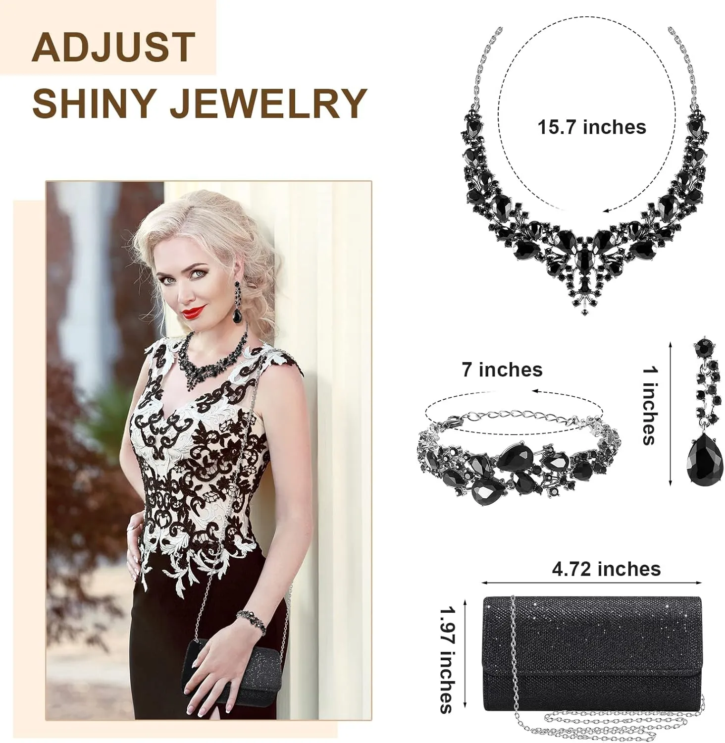 4 Pcs Women Rhinestone Jewelry Set Floral Wave Teardrop Crystal Wedding Necklace Earrings Floral Cluster Wave Bracelet Glitter Envelope Evening Bag Handbag Party Bridal Purse