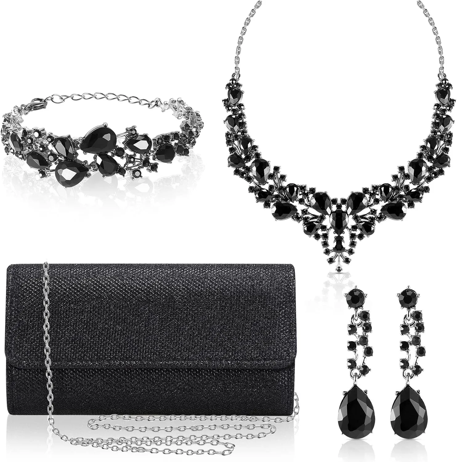4 Pcs Women Rhinestone Jewelry Set Floral Wave Teardrop Crystal Wedding Necklace Earrings Floral Cluster Wave Bracelet Glitter Envelope Evening Bag Handbag Party Bridal Purse
