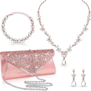 4 Pcs Women Rhinestone Jewelry Set Floral Wave Teardrop Crystal Wedding Necklace Earrings Floral Cluster Wave Bracelet Glitter Envelope Evening Bag Handbag Party Bridal Purse