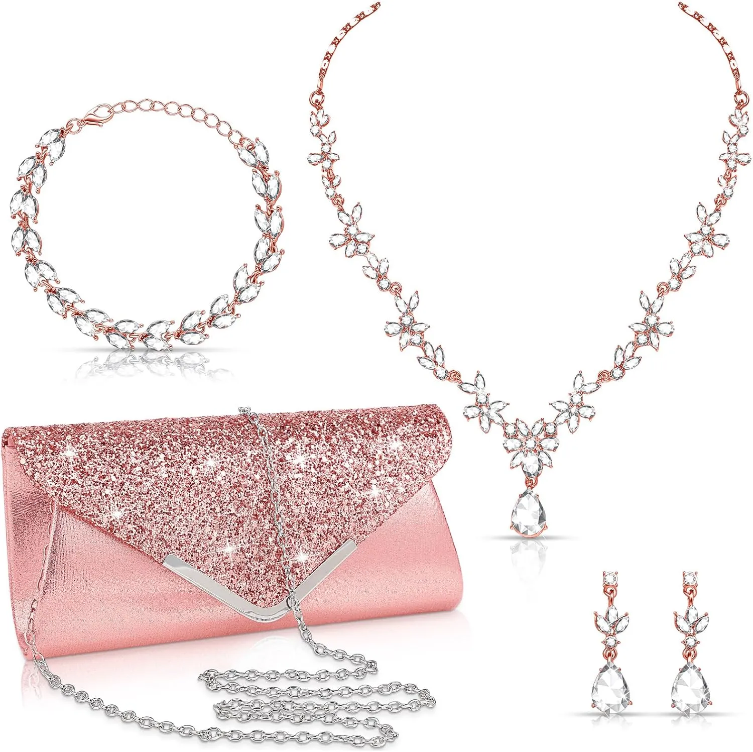 4 Pcs Women Rhinestone Jewelry Set Floral Wave Teardrop Crystal Wedding Necklace Earrings Floral Cluster Wave Bracelet Glitter Envelope Evening Bag Handbag Party Bridal Purse