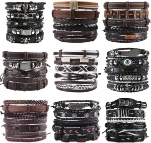 47pcs Vintage Multiple Layers Leather Bracelet Set For Women Men Handmade Braided Wrap Charm Bracelet Jewelry Accessories