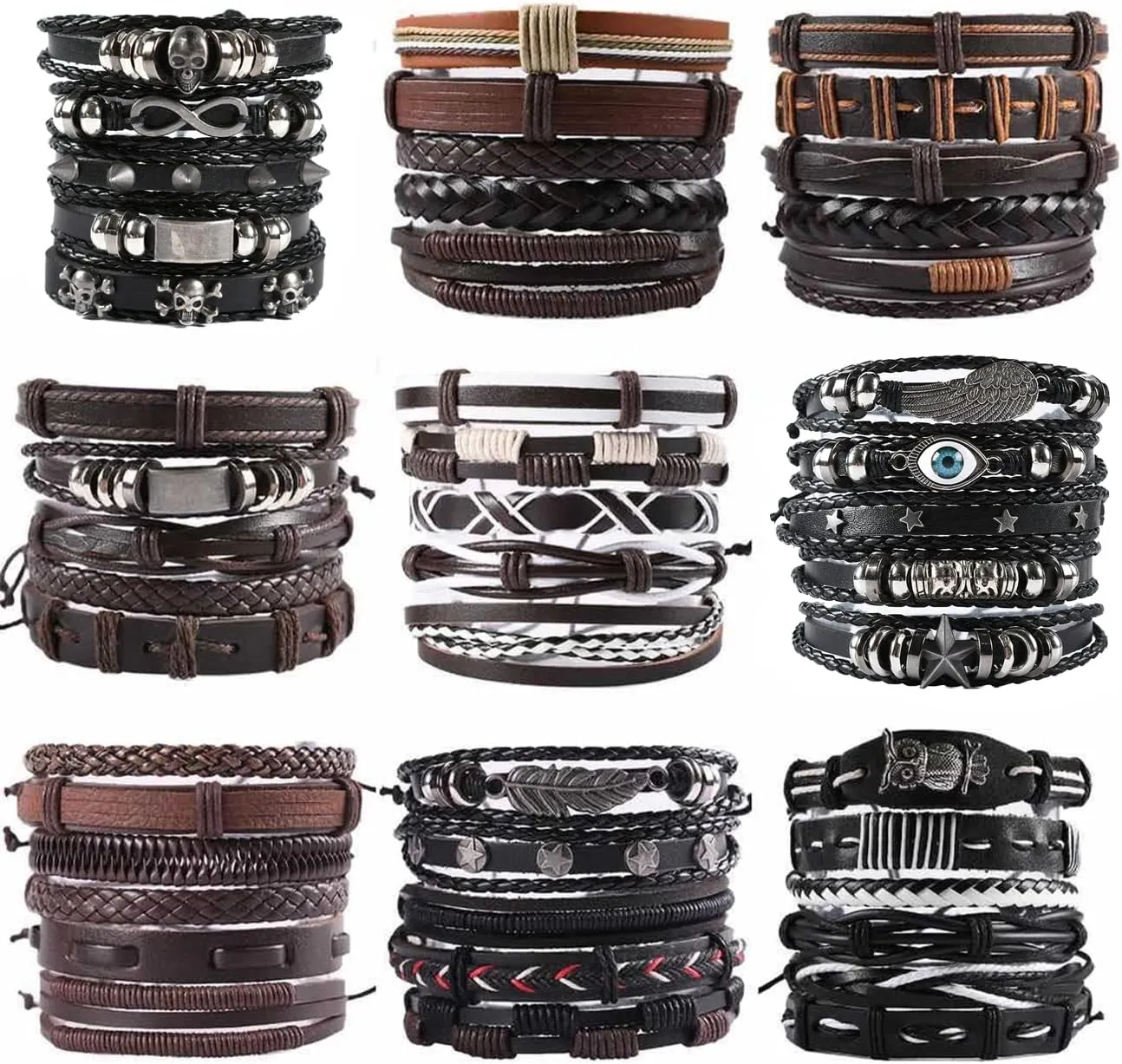 47pcs Vintage Multiple Layers Leather Bracelet Set For Women Men Handmade Braided Wrap Charm Bracelet Jewelry Accessories