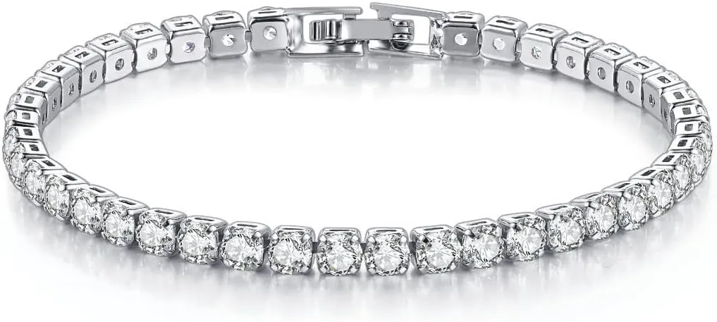 4mm Cubic Zirconia Tennis Bracelet Stainless Steel Silver Chain for women, 18K Gold/Silver Plated Classic Tennis Bracelet 7 inches