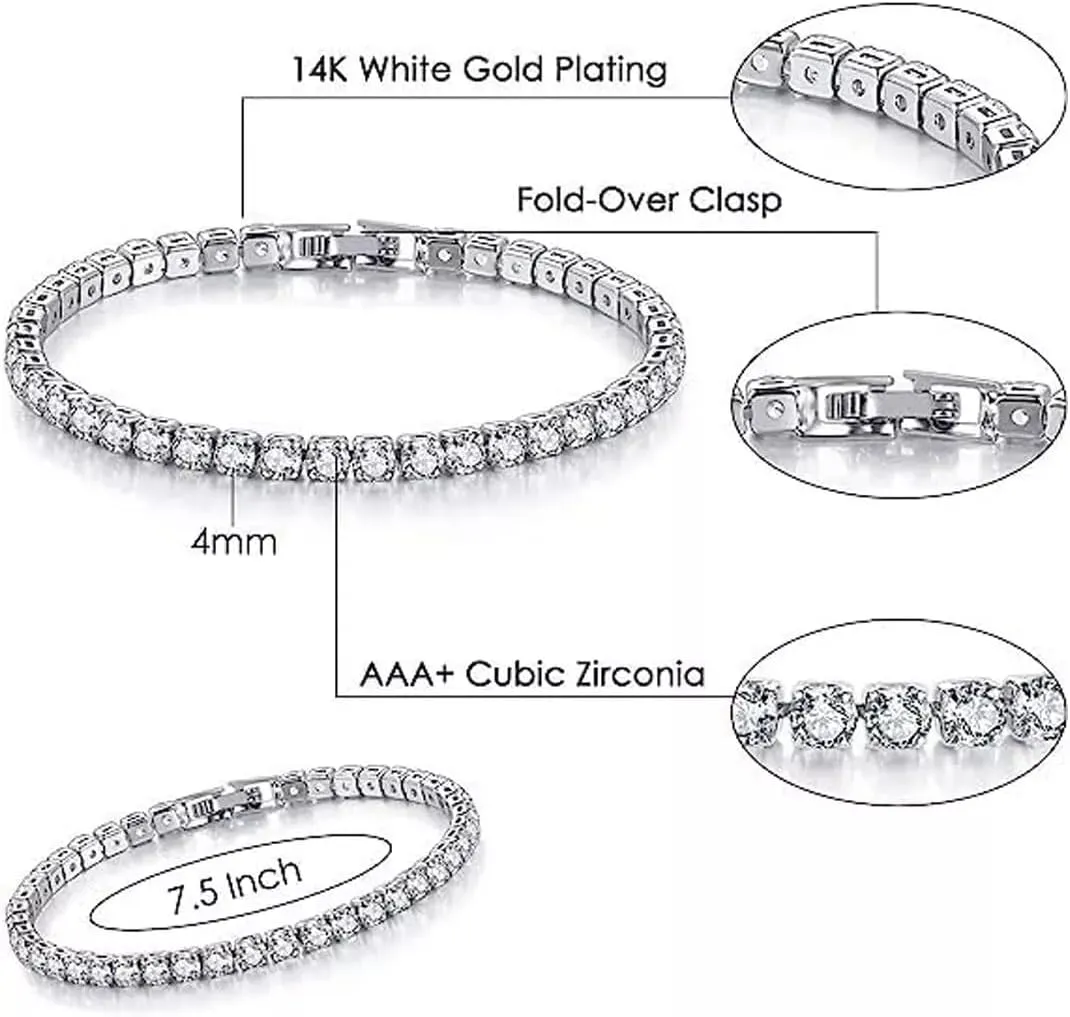 4mm Cubic Zirconia Tennis Bracelet Stainless Steel Silver Chain for women, 18K Gold/Silver Plated Classic Tennis Bracelet 7 inches