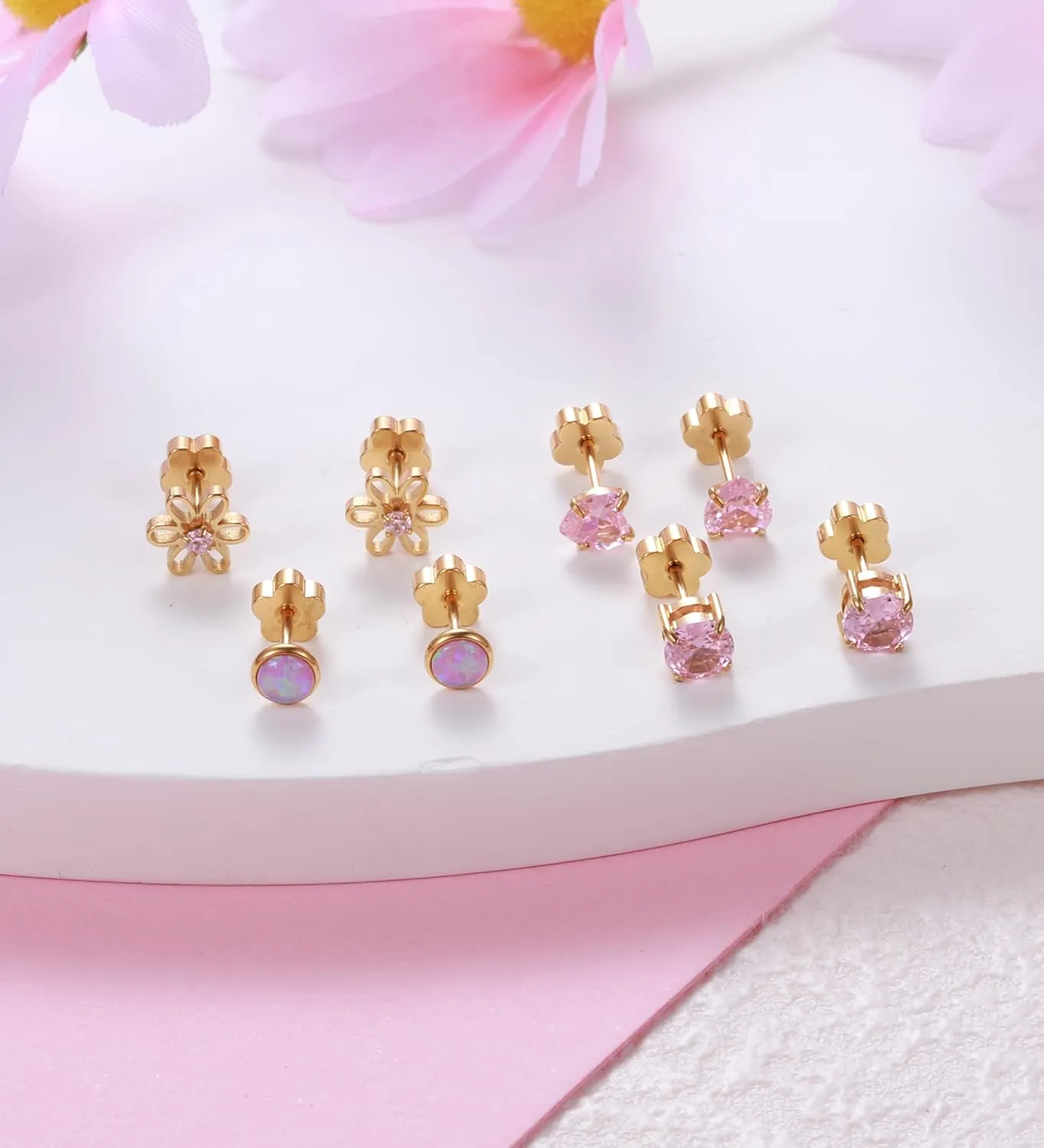 4Pairs Hypoallergenic Screw Back Earrings for Women 14k Gold Surgical Steel Flat Back Earrings Opal CZ Flower Heart Cartilage Earring for Sensitive Skin 20G Handmade Nap Earrings Studs Gold Pink CZ