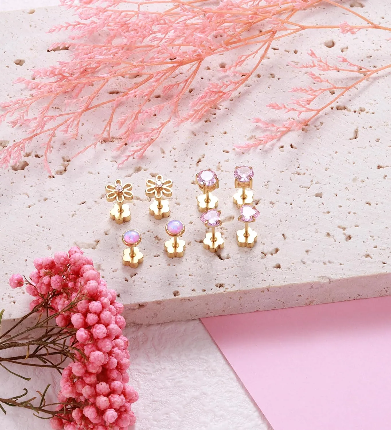 4Pairs Hypoallergenic Screw Back Earrings for Women 14k Gold Surgical Steel Flat Back Earrings Opal CZ Flower Heart Cartilage Earring for Sensitive Skin 20G Handmade Nap Earrings Studs Gold Pink CZ