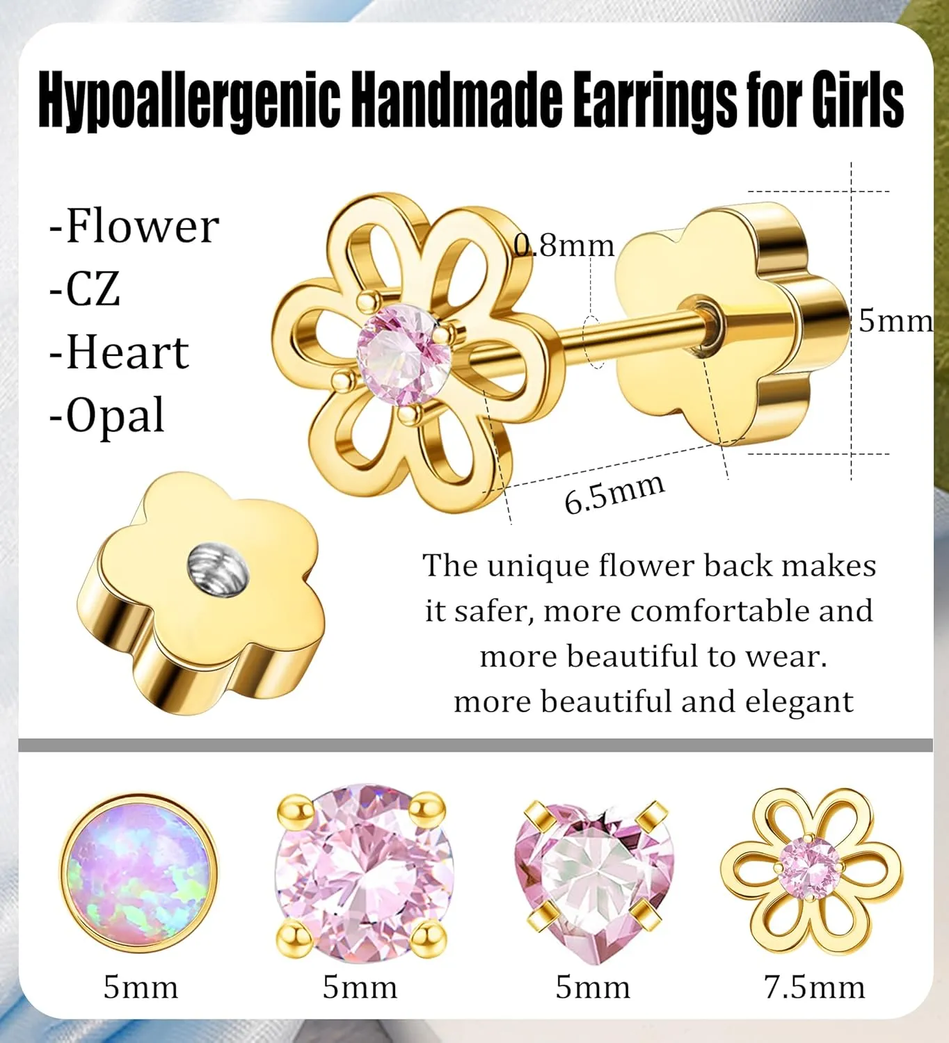 4Pairs Hypoallergenic Screw Back Earrings for Women 14k Gold Surgical Steel Flat Back Earrings Opal CZ Flower Heart Cartilage Earring for Sensitive Skin 20G Handmade Nap Earrings Studs Gold Pink CZ