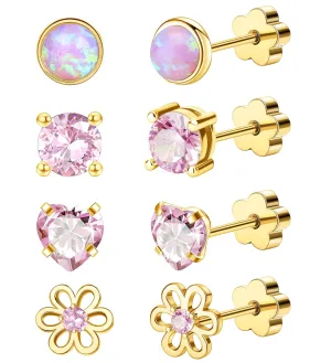 4Pairs Hypoallergenic Screw Back Earrings for Women 14k Gold Surgical Steel Flat Back Earrings Opal CZ Flower Heart Cartilage Earring for Sensitive Skin 20G Handmade Nap Earrings Studs Gold Pink CZ