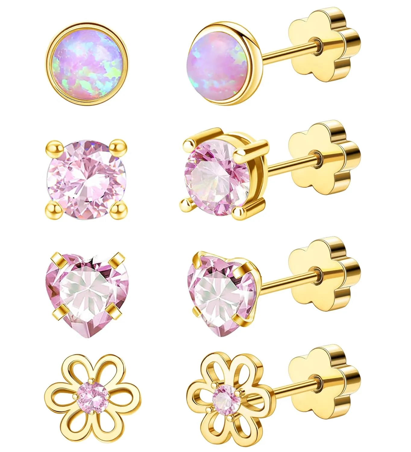 4Pairs Hypoallergenic Screw Back Earrings for Women 14k Gold Surgical Steel Flat Back Earrings Opal CZ Flower Heart Cartilage Earring for Sensitive Skin 20G Handmade Nap Earrings Studs Gold Pink CZ
