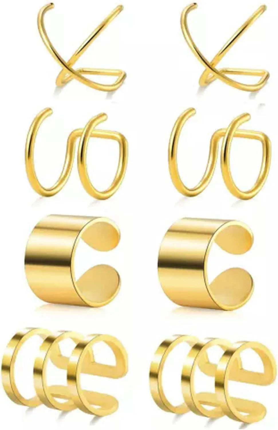 4Pairs Men Women Ear Cuff Wrap Earrings Set No Piercing Clip Cartilage Ear Clips-Gold