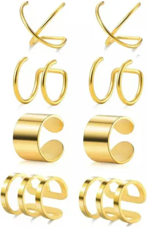 4Pairs Men Women Ear Cuff Wrap Earrings Set No Piercing Clip Cartilage Ear Clips-Gold