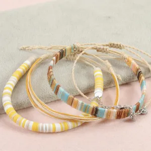 4pc Surfer Anklets for Men Waterproof String Rope Anklets Boho Clay Adjustable Beads Ankle Bracelets Cute Cloth Stainless Steel Anklet Set Beach Summer Jewelry for Women (4pcs boho anklets yellow)