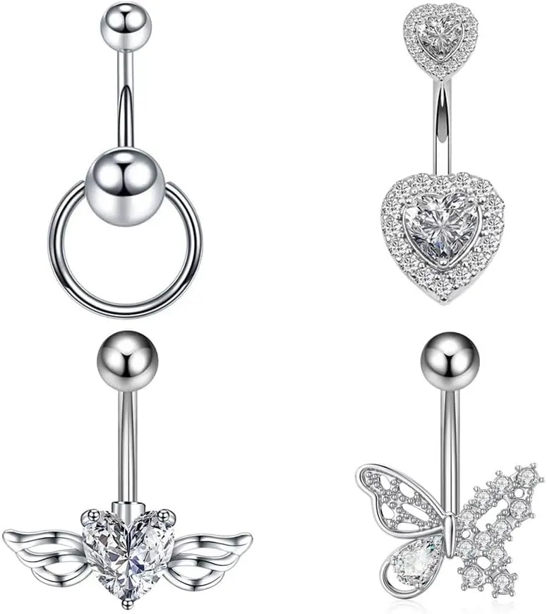 4Pcs 14G CZ Belly Button Rings for Women Butterfly Heart Door Knocker Belly Navel Rings Belly Studs Barbell Body Piercing Jewelry