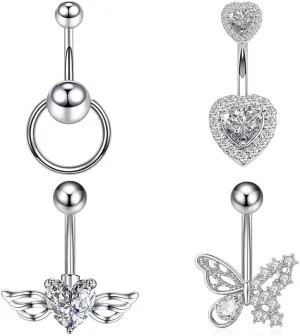 4Pcs 14G CZ Belly Button Rings for Women Butterfly Heart Door Knocker Belly Navel Rings Belly Studs Barbell Body Piercing Jewelry
