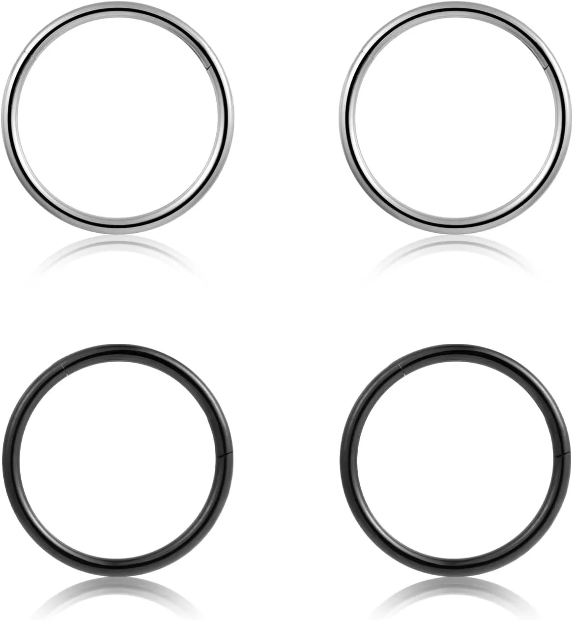 4Pcs 16G 18G 20G Surgical-Steel-Piercing-Ring-Nose-Rings-Hinged-Hoop-Earrings,6mm 8mm 10mm 12mm Seamless Stainless Steel Clicker Eyebrow Septum Piercing Hoop,Sliver Black Gold Rose Gold Rainbow Body Jewelry Set