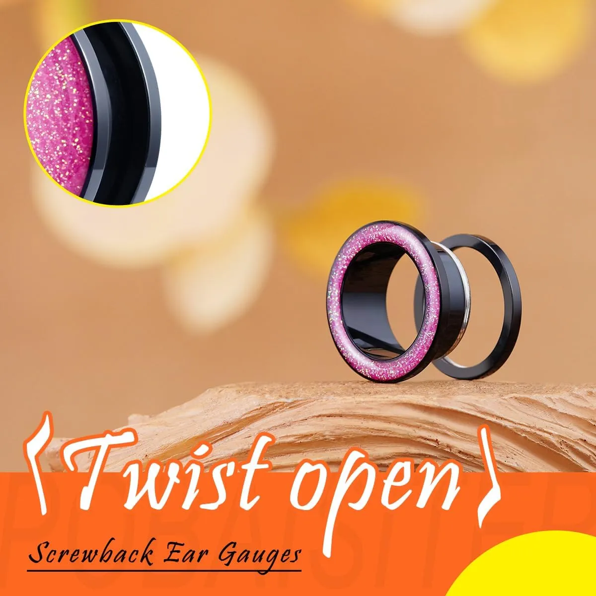 4PCS Shiny Glitter Resin Gauges Stainless Steel Ear Tunnels and Plugs Light blue Green Pink and Dark brown Glitter Colorful Ear Gagues Screw Fit Expander Stretcher Piercings