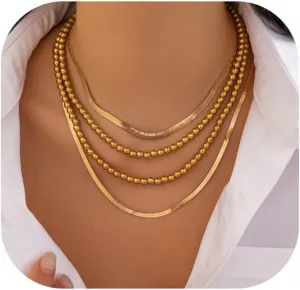 4Pcs Silver/Gold Plate Chain Necklace for Women Metal Multi Layered Beaded Tassel Twisted Flat Chain Necklace Thin Bead Clavicle Chest Body Jewelry