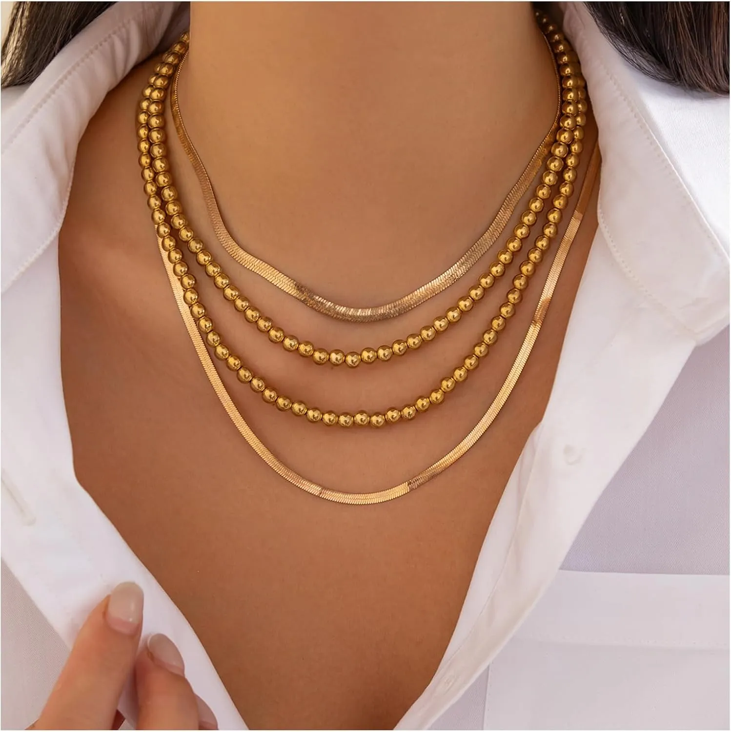 4Pcs Silver/Gold Plate Chain Necklace for Women Metal Multi Layered Beaded Tassel Twisted Flat Chain Necklace Thin Bead Clavicle Chest Body Jewelry