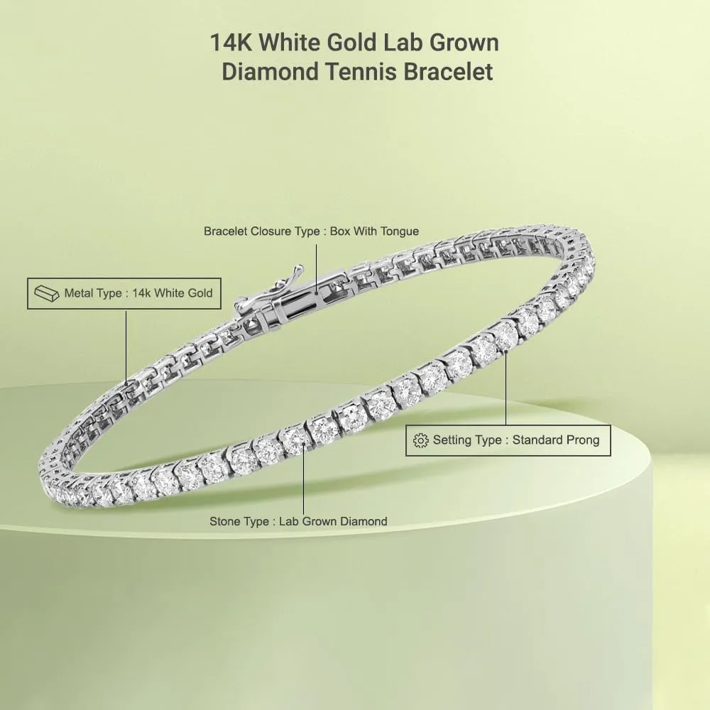 5 Carat - 10 Carat Lab Grown Diamond Tennis Bracelet | 14K White Gold Round-shape Four prong Diamond Tennis Bracelet 6.5" to 8" |E-F Color and VS1 Clarity