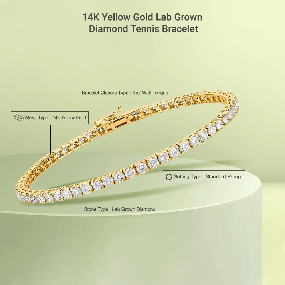 5 Carat - 10 Carat Lab Grown Diamond Tennis Bracelet | 14K Yellow Gold Four prong Link Tennis Bracelet Size 6.5 To 8 inch | D-E color and VS1 clarity