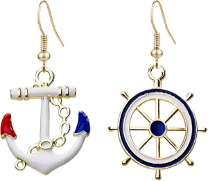 5 Pairs Nautical Themed Jewelry Sailboat Earrings Sailor Earrings Unique navy Nautical Ship Wheel Anchor Statement Drop Stud Earrings for Women Fashion Jewelry