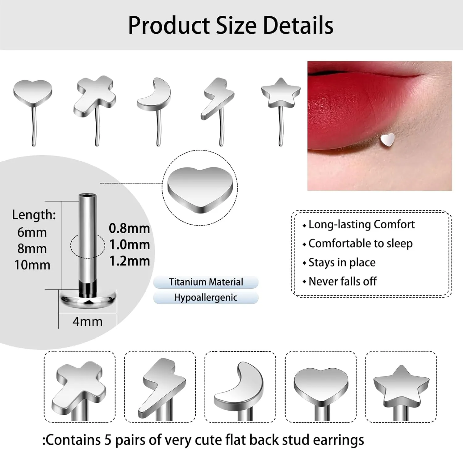 5 pairs of flat back stud earrings G23 titanium hypoallergenic stud earrings-16G/18G/20G