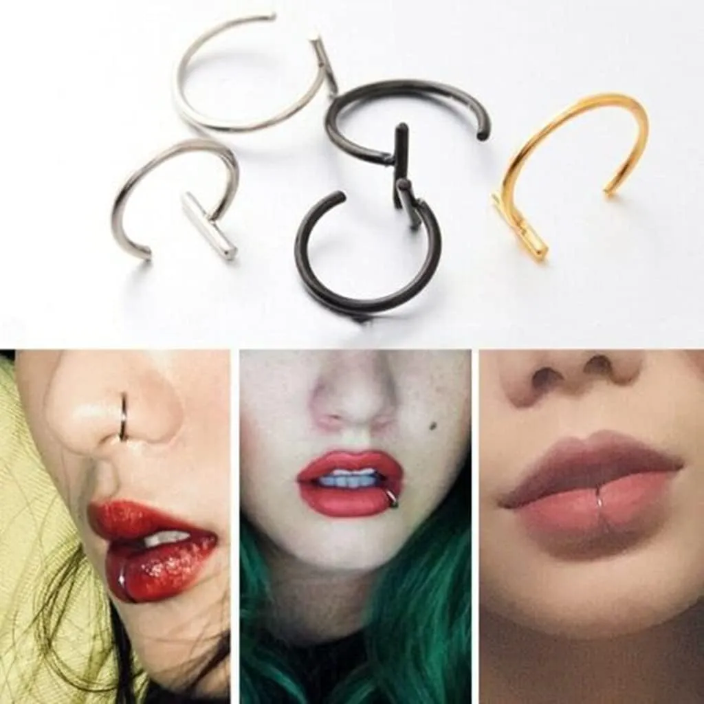 5 Pieces Fake Piercing Stud Set Ear Lip Nose Rings Fake Diaphragm Clip with Perforated Lip Hoop Body Jewelry Gifts