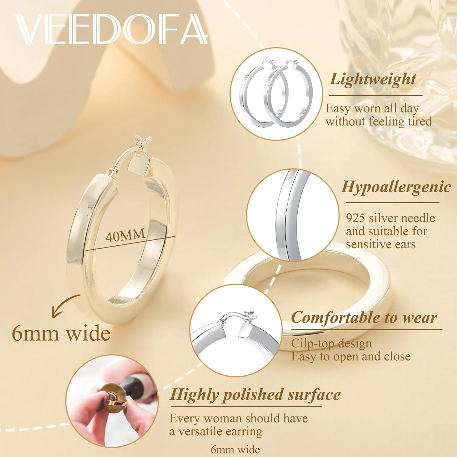 5mm Wide Large Square Tube Hoop Earrings for Women Hypoallergenic Big Chunky 14K Gold Plated Hoops with 925 Sterling Silver Posts Lightweight Thick Hoop Earrings for Women Trendy 30/40/50/60mm
