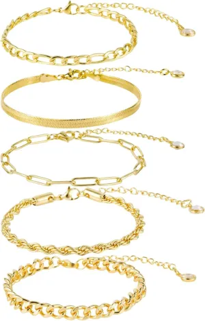 5pcs Gold Ankle Bracelets, Anklets for Women Titanium Steel Gold Plated Women's Chain Link Anklets Adjustable Stackable Bracelets Trendy Foot Jewelry Gifts for Women Girls Beach