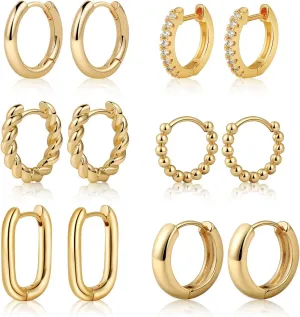 6 Pairs Gold Hoop Earrings for Women, 14K Gold Plated Chunky Earrings Set for Women, Girls Gift Huggie Hoop Earring Lightweight