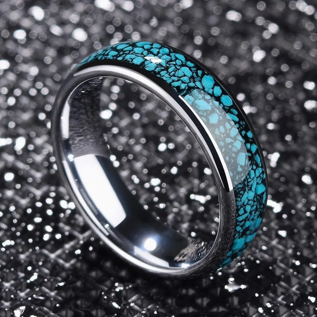 (6mm) Unisex, Women's or Men's Tungsten Carbide Wedding Ring Band. Couple's Domed Silver Tone Ring with Blue Turquoise Granules Inlay. One Year Warranty Included.