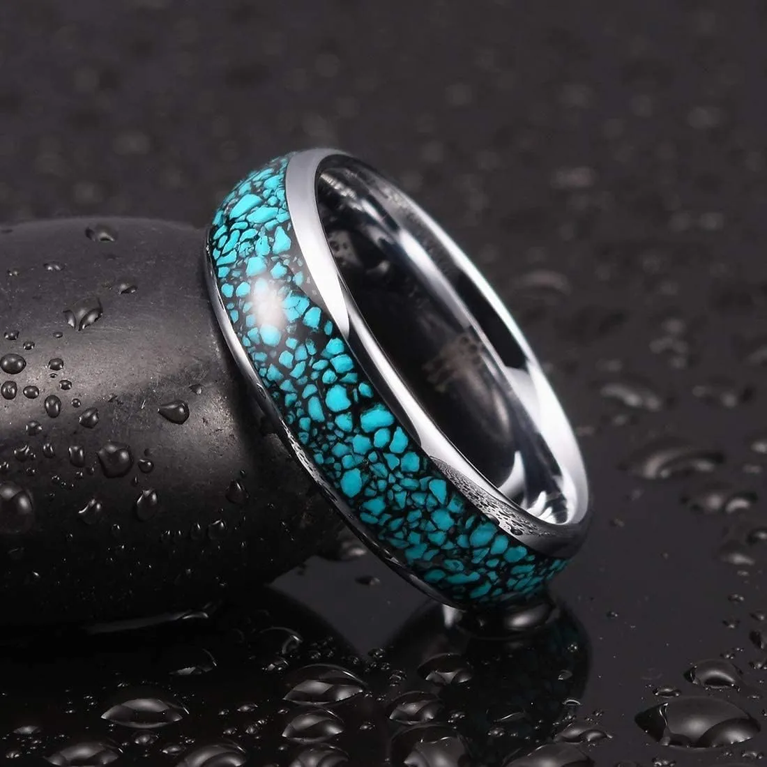 (6mm) Unisex, Women's or Men's Tungsten Carbide Wedding Ring Band. Couple's Domed Silver Tone Ring with Blue Turquoise Granules Inlay. One Year Warranty Included.
