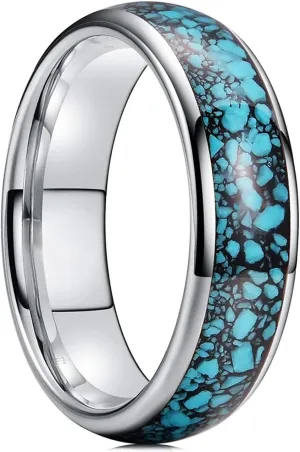 (6mm) Unisex, Women's or Men's Tungsten Carbide Wedding Ring Band. Couple's Domed Silver Tone Ring with Blue Turquoise Granules Inlay. One Year Warranty Included.