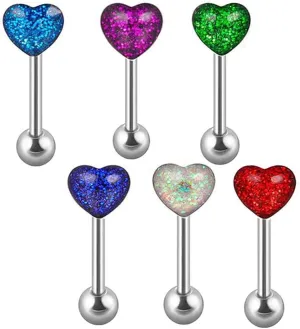 6Pcs 14G Surgical Steel Heart Tongue Rings for Women Glitter Straight Barbell Tongue Rings Cartilage Studs Earrings Cute Tongue Piercing Jewelry