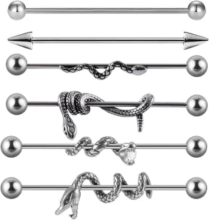 6Pcs 16G Snake Industrial Barbell Earrings for Women Men Surgical Steel Curved Coiled Snake Industrial Bar Long Cartilage Helix Conch Barbell Body Piercing Jewelry