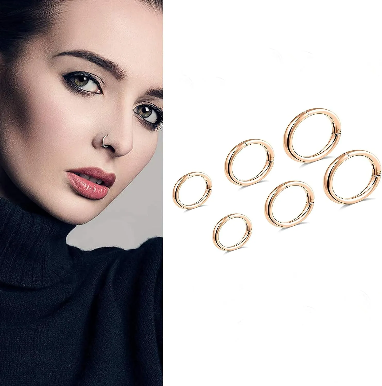 6pcs G23 Titanium Septum Rings 16G Diameter 6mm/8mm/10mm Hinged Nose Ring Hoops for Women Men Girls Cartilage Hoop Earrings Body Piercing Rings Black/Silver/Gold/Rose Gold Lip Rings