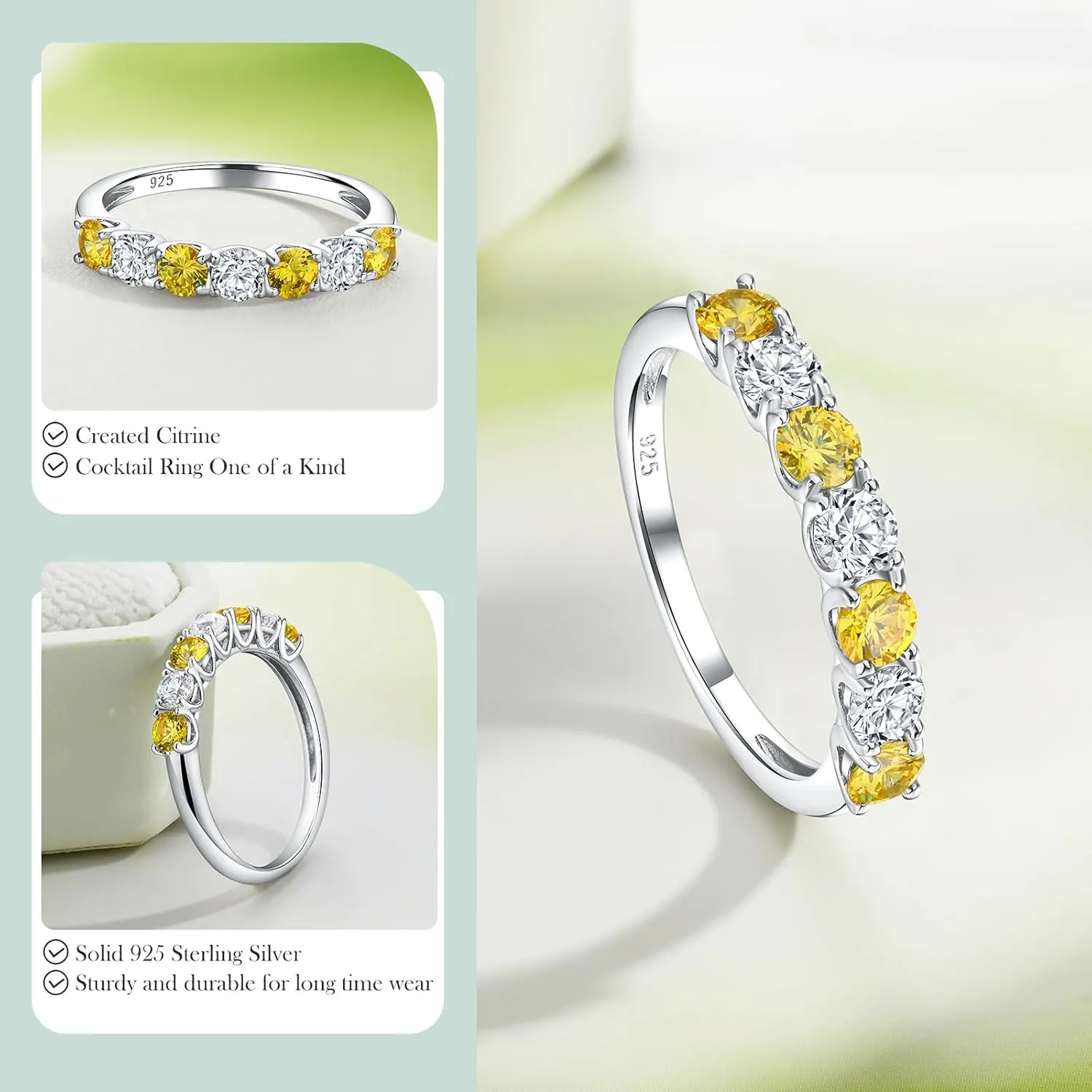 7 Stone Stackable Rings Sterling Silver Cubic Zirconia Birthstone Ring Half Eternity Band Rings for Women, Size 6 to 10, with Ring Box