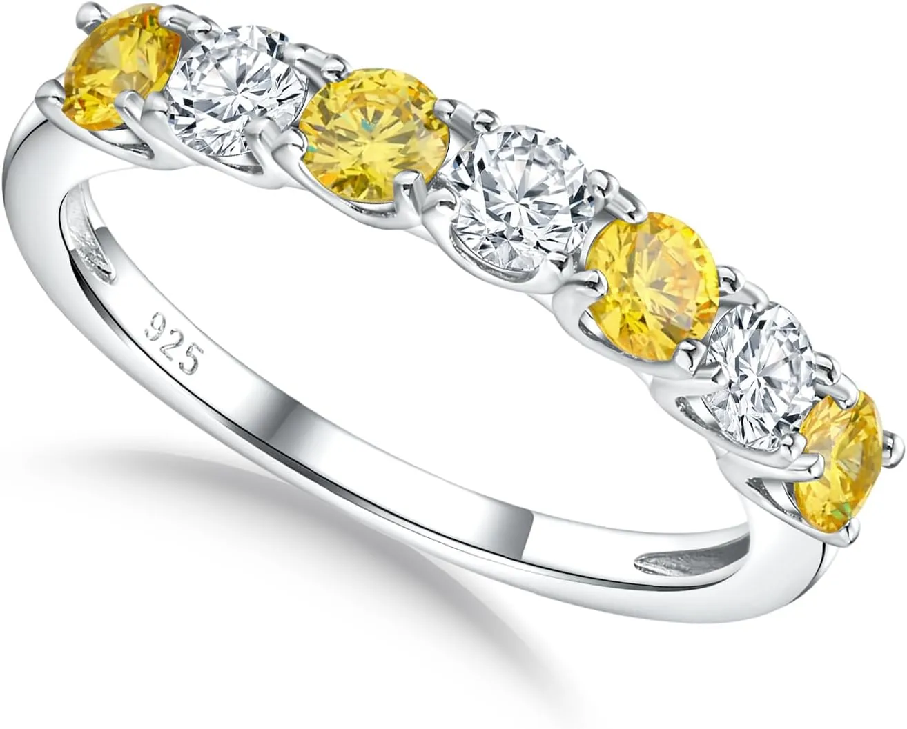 7 Stone Stackable Rings Sterling Silver Cubic Zirconia Birthstone Ring Half Eternity Band Rings for Women, Size 6 to 10, with Ring Box
