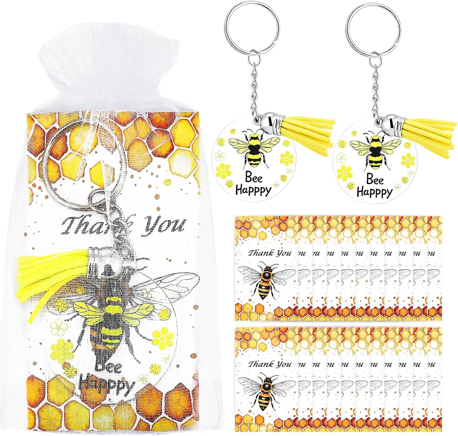 75 Pack Thank You Keychain Gifts Bulk Employee Appreciation Gifts Inspirational Bee Keychain with Thank You Cards Organza Bag, Bee Happy Inspirational Keyring for Employees Social Worker