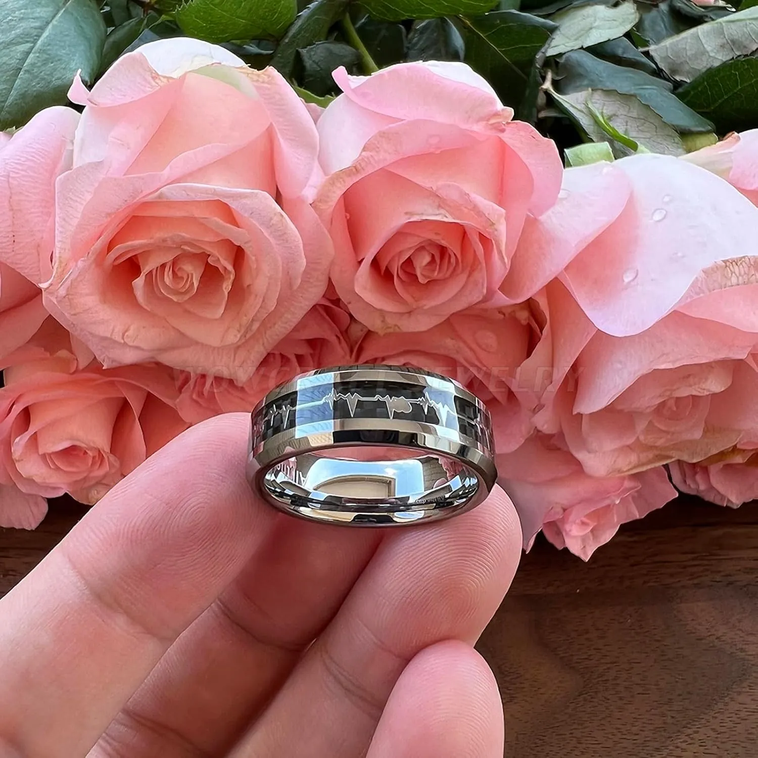 8 mm Men Women Tungsten Carbide Couples Ring Heartbeat Wedding Band with Black Carbon Fiber Polished Finish Comfort Fit