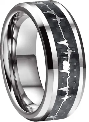 8 mm Men Women Tungsten Carbide Couples Ring Heartbeat Wedding Band with Black Carbon Fiber Polished Finish Comfort Fit