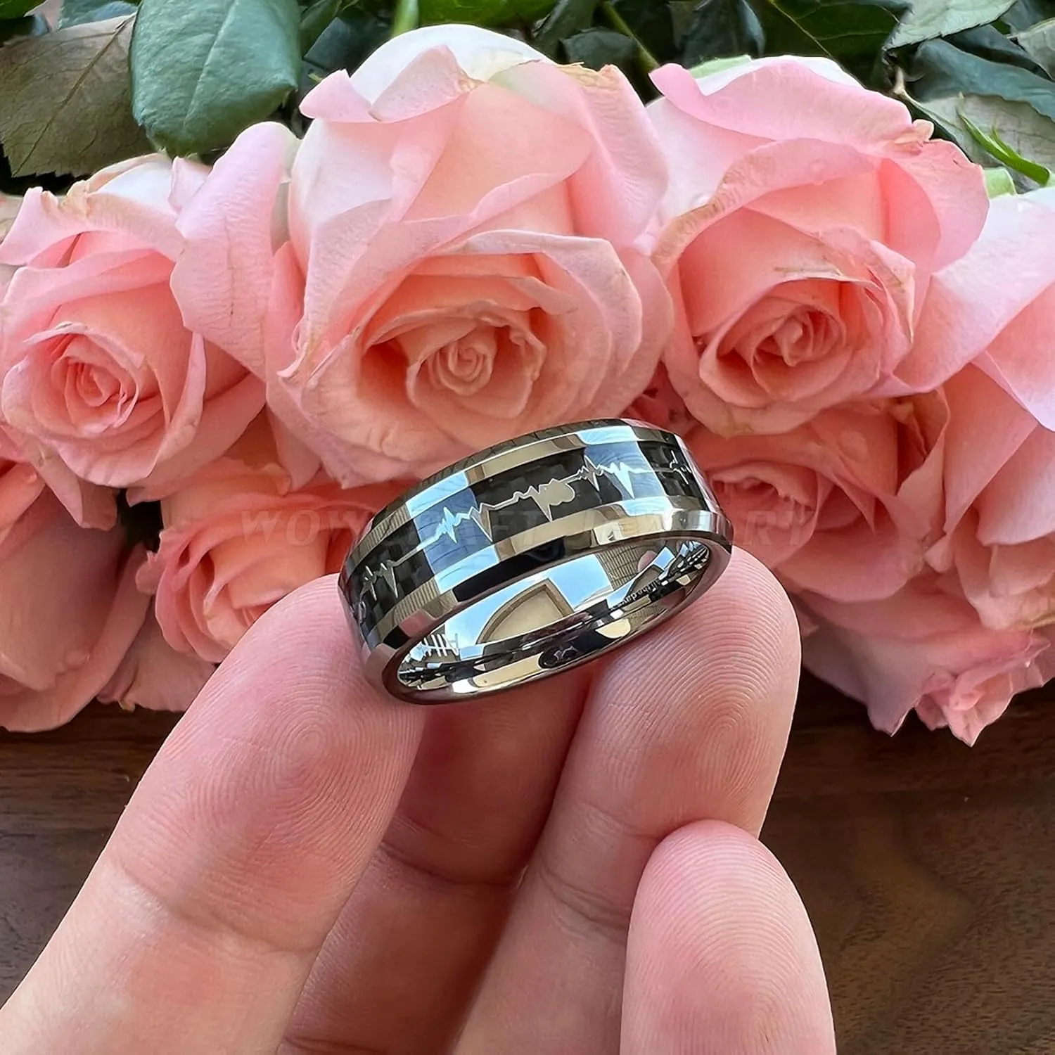 8 mm Men Women Tungsten Carbide Couples Ring Heartbeat Wedding Band with Black Carbon Fiber Polished Finish Comfort Fit