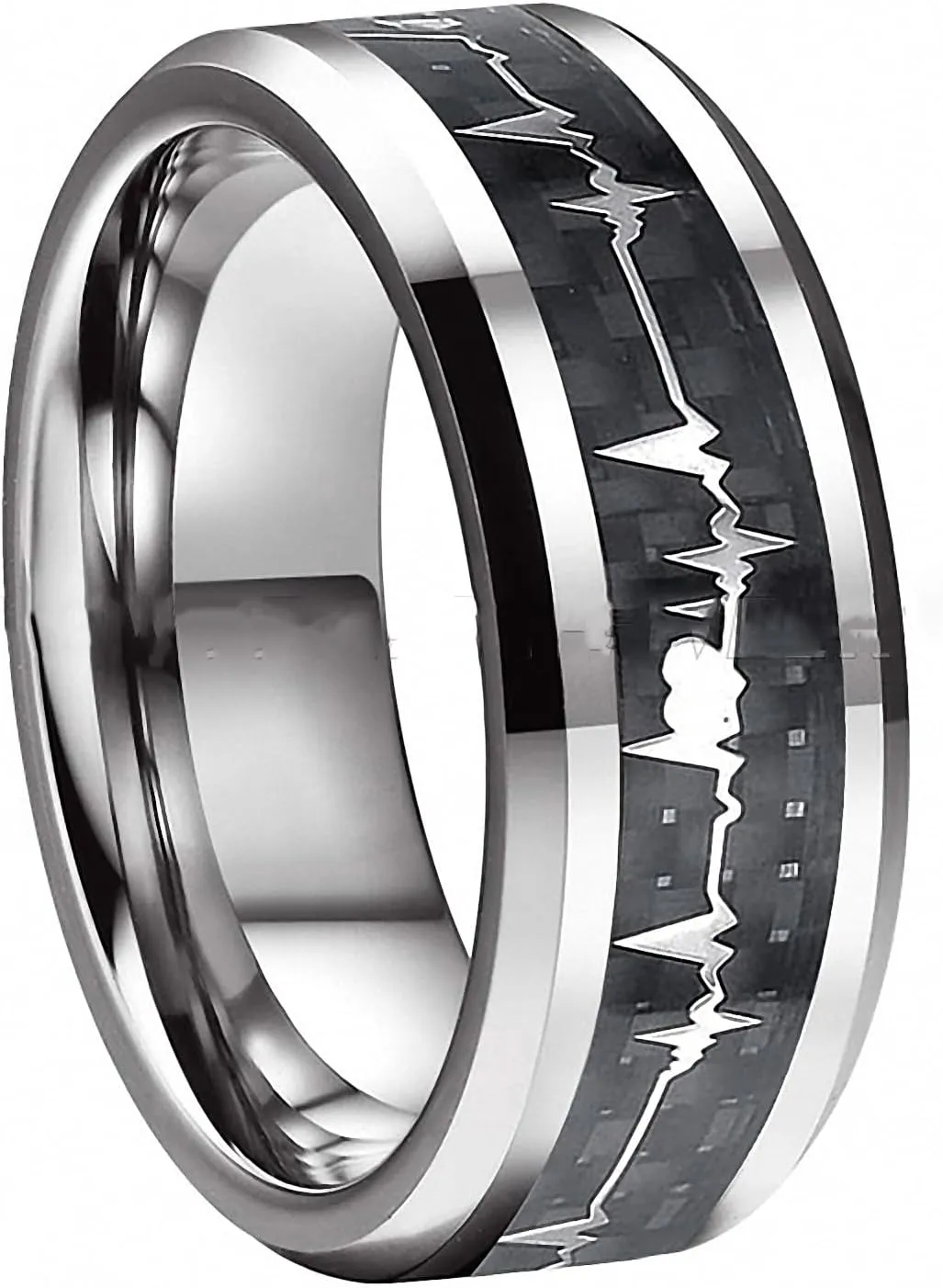 8 mm Men Women Tungsten Carbide Couples Ring Heartbeat Wedding Band with Black Carbon Fiber Polished Finish Comfort Fit