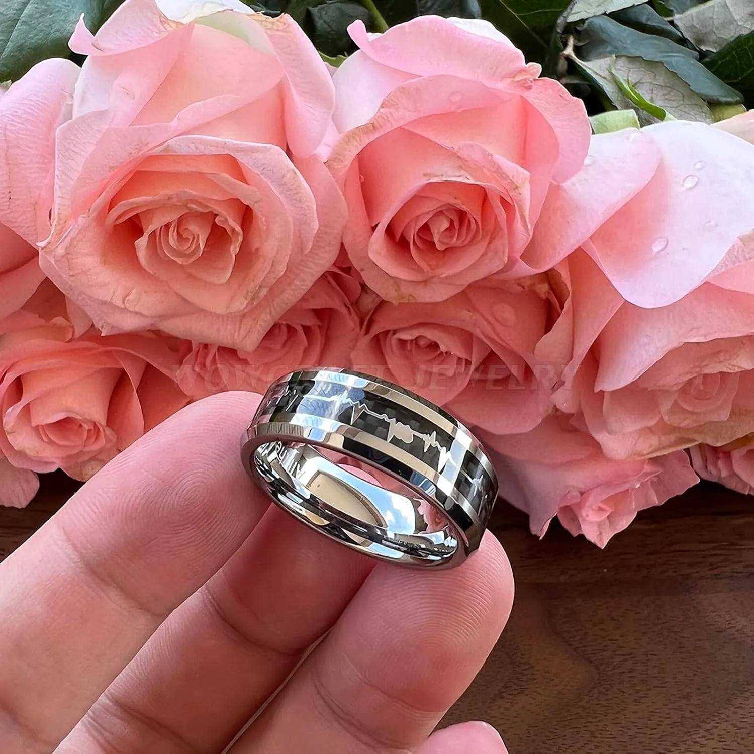 8 mm Men Women Tungsten Carbide Couples Ring Heartbeat Wedding Band with Black Carbon Fiber Polished Finish Comfort Fit