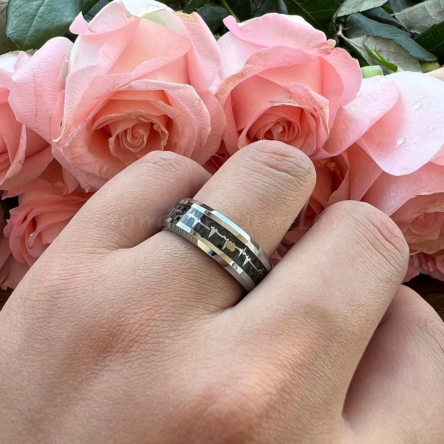 8 mm Men Women Tungsten Carbide Couples Ring Heartbeat Wedding Band with Black Carbon Fiber Polished Finish Comfort Fit
