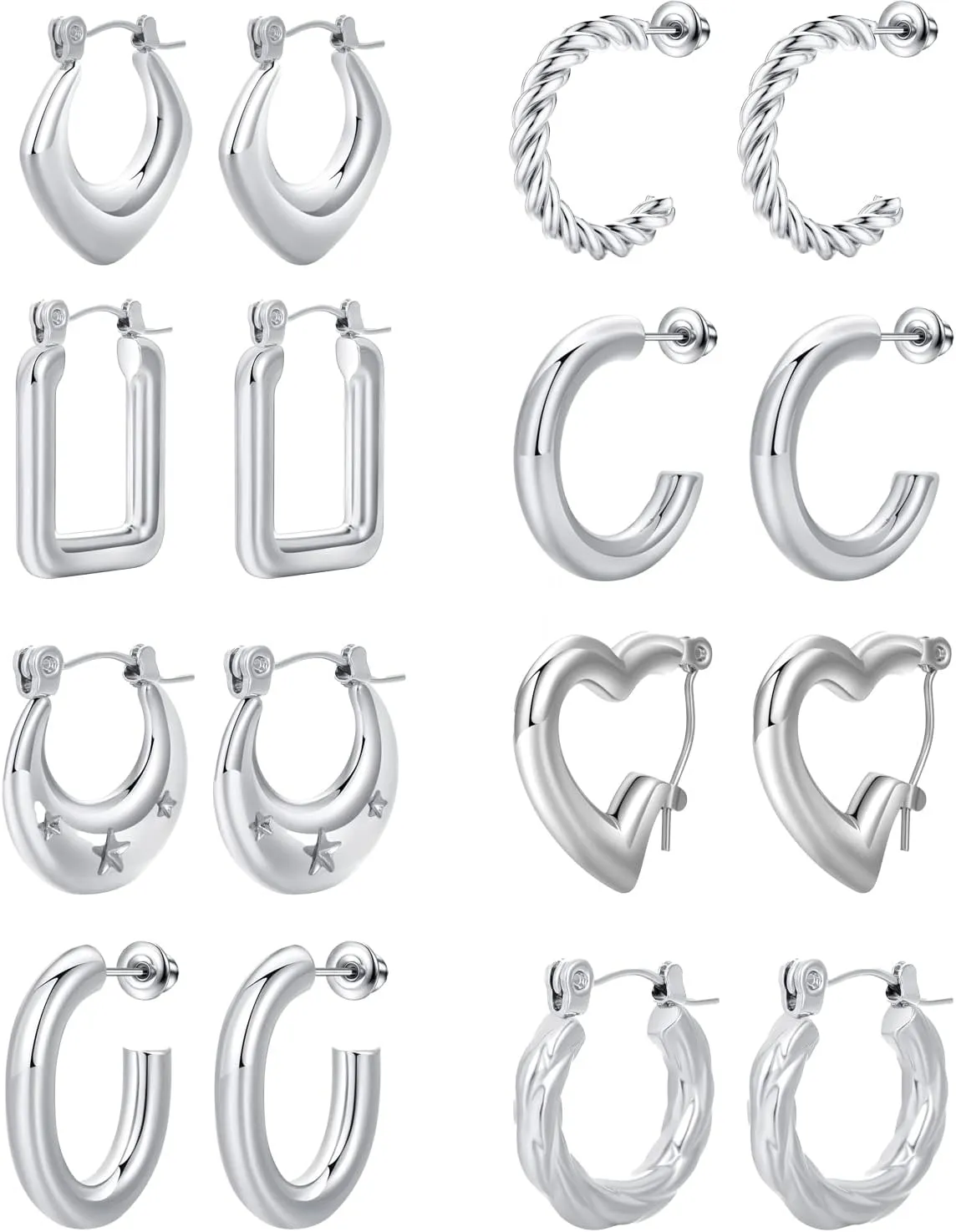8 Pairs Stainless Steel Chunky Gold Silver Hoop Earrings Set,Gold Earrings for Women,Hypoallergenic Hoop Huggie Trendy Jewelry Earrings for Women